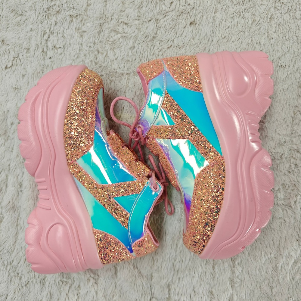YRU Pink Holographic Glitter Chunky Platform Sneaker Shoe Sz7 Rave Festival Punk - Picture 6 of 10